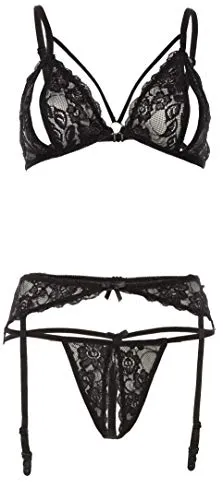 Cottelli Collection Lingerie Spitzenstrapsset - Erotische Dessous-Sets mit zarter Blütenspitze, verstellbaren Trägern und einem aufregend offenen String für verführerische Momente.