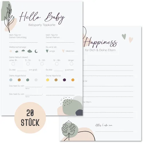 Things of Happiness Spiel 20 Babyparty Tippkarten Babyparty Spiel, Ratespiel Babyshower, Baby Tippkarten, Geschenk Geburt, Grün und Beige