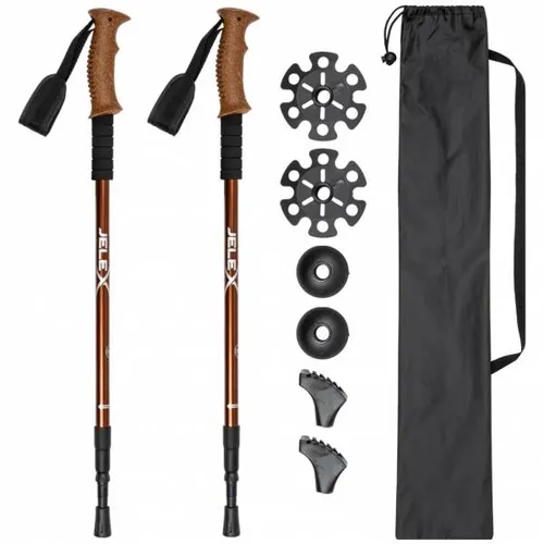 JELEX Nordic-Walking-Stöcke mit Korkgriffen - Verstellbare Walkingstöcke aus Aluminium, ideal für gelenkschonendes Wandern mit Antishock-Technologie und inklusive Zubehör für unterschiedliche Untergründe.