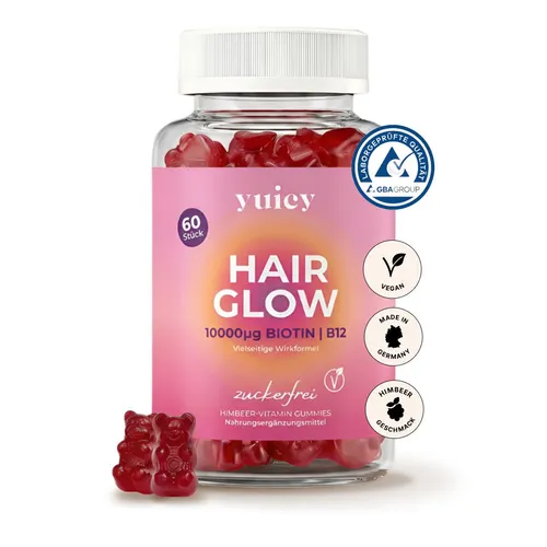 yuicy Biotin Gummies für Haarwachstum Hair Glow (Himbeere) - Fettlösliche Vitamine für Haarwachstum - Leckere, zuckerfreie Gummies mit Biotin für starke Haare und gesunde Nägel, entwickelt für schnelle Ergebnisse und hergestellt in Deutschland.