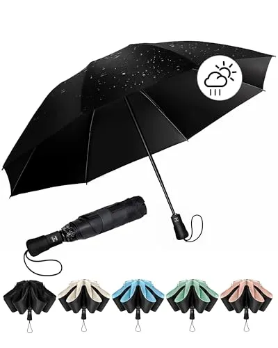 Chakipee Regenschirm Groß Sturmfest Kompakter Reise für Damen und Herren– Automatik Auf und Zu Taschenschirm Tragbarer UV-Schirm, Taschenschirme Schwarz 210T Beschichtung 106 cm Spannweite 8 Rippen