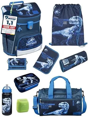 Scooli Campus Fit Schulranzen Set Dinosaurier - Schulranzen Set für Jungs und Mädchen, ergonomisch und leicht mit nur 980g, bietet 18 Liter Volumen und optimale Passform für zierliche Kinder. Inkl. Sporttasche und Zubehör für den perfekten Schulstart.