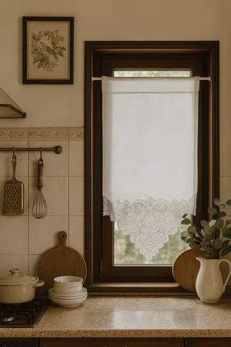 Fenstervorhang aus Leinen mit handgehäkelter Spitze – Vintage-Look 30x45 cm - Bistro-/Scheibengardinen in Weiß, ideal für die Küche. Aus hochwertigem Leinen, durchscheinend und pflegeleicht. Perfekt für den Landhausstil, einfach zu montieren mit Tunnelzug.