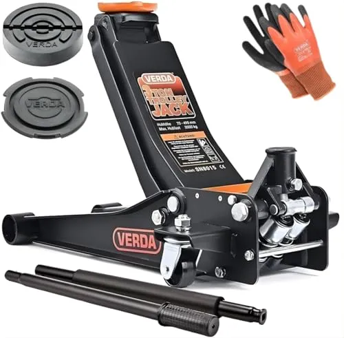 Wagenheber 3T mit Gummi und Handschuhen - SN9315 - Hydraulischer Rangierwagenheber mit 3T Tragkraft, Doppelzylinder für schnelles Anheben, ideal für Werkstatt und Garage. Inklusive 2 Gummiauflagen und Montagehandschuhen.