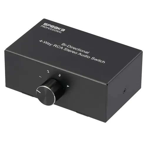 SpeaKa Professional SP-AS-500 4 Port Cinch-Audio-Switch - Video Umschaltpulte, 4-fach Cinch-Audioverteiler mit entstörtem Metallgehäuse für einfachen Wechsel zwischen mehreren Audiogeräten.