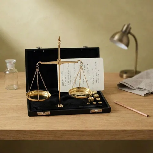 Antikas Wanddekoobjekt Goldwaage aus Messing – glänzend mit Gewichten im Koffer, H.16 cm - Elegante Wanddeko aus Messing mit glänzender Oberfläche und Gewichten im Koffer. Ideal für stilvolle Akzente in Ihrem Zuhause.