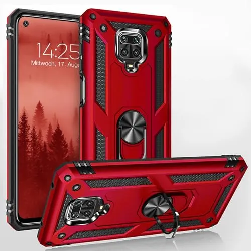 LBH Outdoor Hülle für Xiaomi Redmi Note 9 Pro Armor Militär Stoßfest Handyhülle 360 Grad Metal Ring Halter Ständer Schutzhülle für Handyhalterung Auto Magnet Rot