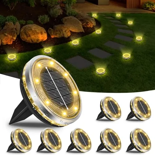 Bowfar 8 Stück Solar Bodenleuchten Aussen, IP65 Wasserdicht Solarlampen 12 LEDs Gartenbeleuchtung Solar Mit Upgrade Solarpanel, Warmweiß Solarleuchten für Garten, Rasen, Gehweg, Patio, Auffahrt