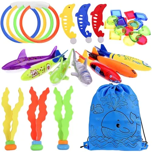 Faburo 34 stück Tauchen Spielzeug Unterwasser Pool Spielzeug Set mit Torpedos Tauchringe Edelsteine Fisch Algen Schwimmspielzeug für Kinder