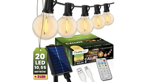 Girlanda Solarna Ogrodowa 20x LED Ozdobne Kuleczki - Leuchtmittel mit 20 dekorativen LED-Kugeln, 10,55 m lang, warmweißes Licht (2700K) und inklusive Fernbedienung für einfache Steuerung.