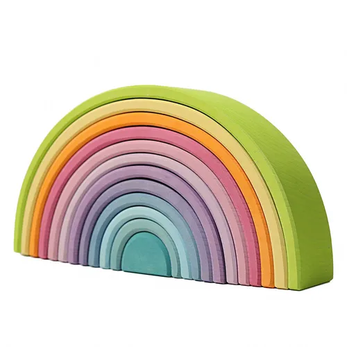 Grimm's 10673 Großer Regenbogen 12-tlg. Pastell - Bauklötze aus hochwertigem Lindenholz, ideal für kreative Spielmöglichkeiten und motorische Förderung ab 0 Jahren.
