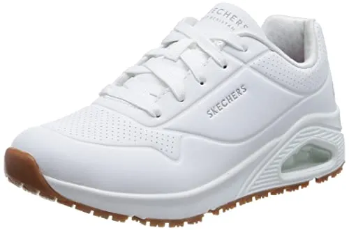 Skechers Damen Uno SR Sneaker - Weiß, 39 EU - Damen-Sneaker aus weißem Synthetik mit flachem Design und Schnürsenkeln, perfekt für den Alltag und bequem für stundenlangen Tragekomfort.