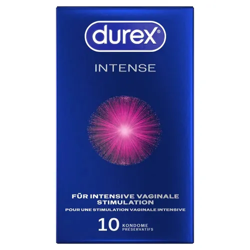 Durex Intense Gerippt & Genoppt Kondome 10er - Wärmender Effekt - Empfängnisverhütung: Easy-On Passform mit wärmendem Silikonöl, intensives Gefühl durch genoppte und gerippte Textur, ideal für stimulierenden Geschlechtsverkehr.