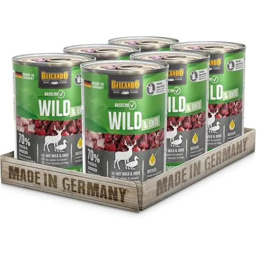 BELCANDO Baseline Nassfutter für Hunde, Wild & Ente, 6X 400g Dose, 70% Fleisch für ausgewachsene Hunde, Hundefutter nass ohne Getreide, Made in Germany