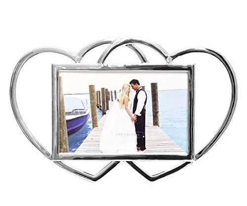 Brillibrum Herz Rahmen Fotorahmen - Doppelherz Silber 10x15 - Eleganter Metall Bilderrahmen mit zwei vereinten Herzen und glitzernden Steinchen. Perfekt für Hochzeitsfotos oder romantische Erinnerungen, ideal als Geschenk für Liebste.