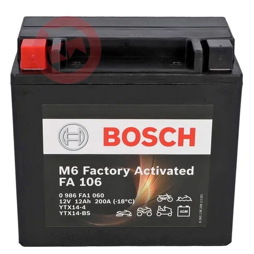 Bosch FA106 AGM-Motorradbatterie 12V 200A 12Ah - Hochleistungs-Motorradbatterie mit AGM-Technologie für optimalen Kaltstart und hohe Energieverfügbarkeit. Ideal für Motorräder, Enduros und Quads. Bereits einsatzbereit mit vorgefüllter Säure.