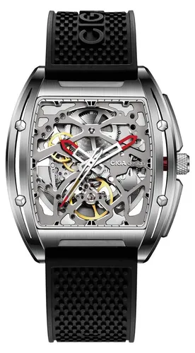 Ciga Design Z Serie Edge Automatik Herrenuhr - Elegante Herrenuhr mit Titan-Gehäuse und skelettiertem Zifferblatt. Das hochwertige Seagull-Uhrwerk sorgt für präzise Zeitmessung und eine Gangreserve von 40 Stunden. Mit schwarzem Silikonarmband und kratzfestem Saphirglas ist sie ideal für den Alltag.