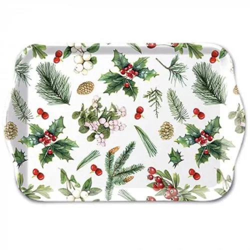 Ambiente Tablett Serviertablett Dekotablett Tray 13x21 cm Melamin Ilex Zweige und Beeren klassisches Weihnachtsmotiv für Advent Nikolaus und Weihnachten