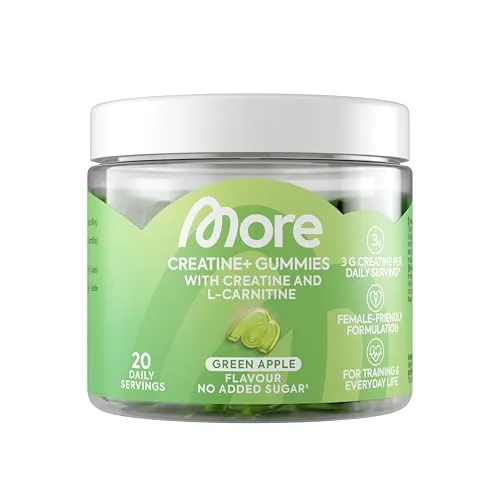More Nutrition Creatine+ Gummies Green Apple 60 St. | Zuckerfrei - Leckere Gummies mit grünem Apfelgeschmack, ideal für sportliche Aktivitäten. Praktische 60 Stück pro Packung, ohne Zuckerzusatz und perfekt für deinen Leistungsboost.