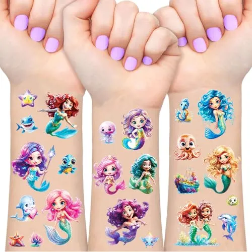 Meerjungfrau Glitzer Tattoo Set Kinder, 12 Blätter Meerjungfrau Fake Tattoos für Kinder, Geschenke für Mädchen, Geburtstag Party Geschenk Kleine, Hautfreundliche Temporäre