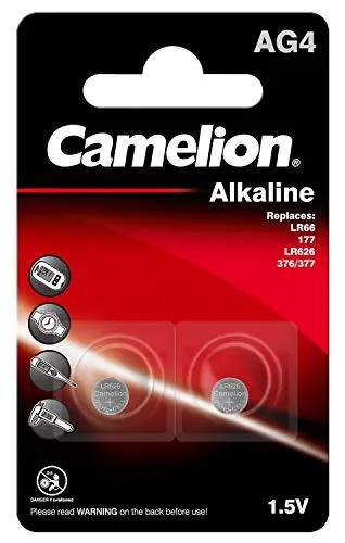 Camelion 12050204 - Alkaline Knopfzellen-Batterie ohne Quecksilber AG4/LR66/LR626/377 mit 1,5 Volt, 2er Set, Kapazität 20 mAh