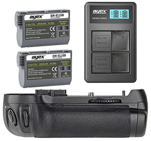 ayex Batteriegriff für Nikon D7100 D7200 mit 2x EN-EL15B und USB Ladegerät - Foto- & Video-Zubehör mit ergonomischem Design für bequemes Hochformat-Fotografieren, plus 2 hochwertige EN-EL15B Akkus für mehr Power und längere Einsatzzeiten.