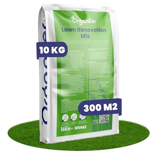 Organifer Vertikutier-Mix - Grassamen und Dünger (10 kg für 300 m²) - Die perfekte Mischung zur Rasenregeneration: Hochwertige Grassamen, Dünger und Bodenverbesserer sorgen für eine dichte, grüne Grasnarbe innerhalb eines Monats. Ideal für die professionelle Rasenpflege und einfache Anwendung.