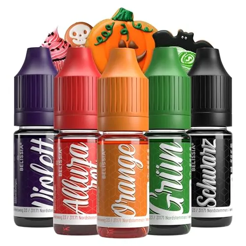 Belissia Lebensmittelfarbe Set Halloween - 5x10ml flüssig & hochkonzentriert - Lebensmittelechte Speisefarbe für Backen, Kochen, Fondant, Teig & Deko - vegan, stark färbend, geschmacksneutral
