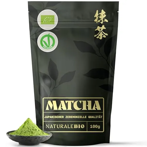 NaturaleBio Matcha Ceremonial Grade 100g. Original Matcha Pulver Bio aus Japan. Grüner Tee, Zeremonie-Qualität. Ideal zum Trinken, Kochen und als Kaffee Latte Zugabe