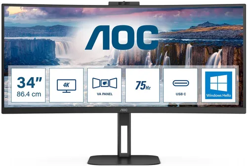 AOC CU34V5CW - 34" Curved Monitor - 34-Zoll UWQHD Curved Monitor für beeindruckendes Seherlebnis, mit 100 Hz Bildwiederholrate, USB-C Anschluss und integrierter Webcam für optimale Produktivität und Unterhaltung.