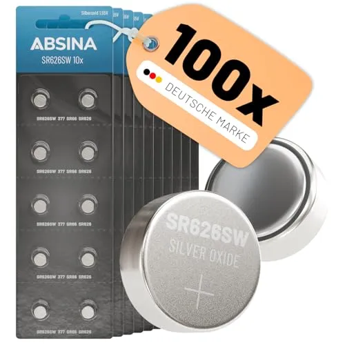ABSINA Knopfzelle SR626SW - 10er Pack Knopfzellen, zuverlässige Stromversorgung für verschiedene Geräte