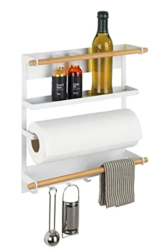 WENKO Küchenregal Magna - Magnetisches Regal mit Rollenhalter und Haken - Gewürzregal aus pulverbeschichtetem Metall und Bambus, einfach ohne Bohren zu befestigen, ideal für eine ordentliche Küchenorganisation.