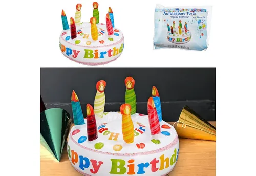 Aufblasbare Torte "Happy Birthday" 26cm – Partyhighlight - Aufblasbare Geburtstagstorte in Weiß mit bunten Kerzen und Schrift. Perfekt für jede Feier! Durchmesser: 26 cm, leicht aufzublasen. Lieferung umfasst 1 Torte. Nicht für Kinder unter 3 Jahren.
