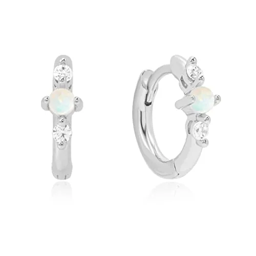 Brandlinger ® Ohrringe Silber 925 hängend. Creolen mit Opal und Zirkonia Stein. Schmuck Damen vergoldet mit 18 Karat (Silber und Gold) für Frauen und Mädchen. Durchmesser der Creolen 11,5mm. (Silber)
