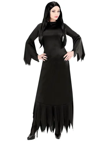 Widmann Kostümkleid "MORTISIA" - XL, elegantes schwarzes Kleid mit Trompetenärmeln und Fransen für Fasching und Karneval