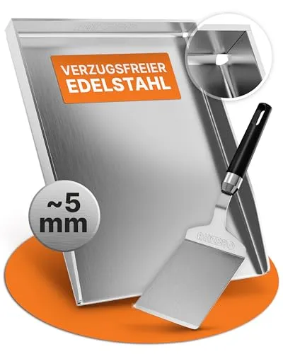 AMZBBQ® Premium Plancha Set 40 x 30 cm aus Edelstahl - Massive Grillplatte aus 5 mm starkem Edelstahl für optimale Haltbarkeit und gleichmäßige Hitzeverteilung. Ideal für Gas- & Kohlegrills, inkl. praktischer Grillspachtel für vielseitigen Grillgenuss.
