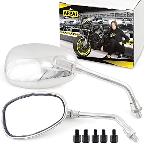 Area1 Universal Motorrad Rückspiegel Paar e-geprüft mit 5 Adaptern - Hochwertige Rückspiegel im modernen Naked-Bike-Design. E-geprüft, mit 2x M10 Rechtsgewinde und 5 Adaptern für 95% aller Motorräder. Ideal für eine legale und stilvolle Aufwertung.