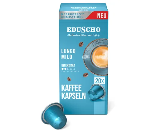 Tchibo Eduscho Lungo Mild Kaffeekapseln, 20 Stück, Nespresso-kompatibel - Genieße die milde Röstung der Lungo Mild Kaffeekapseln mit harmonischem Geschmack. Ideal für Nespresso-Maschinen, luftdicht versiegelt für langanhaltende Frische. Nachhaltig und fair gehandelt!