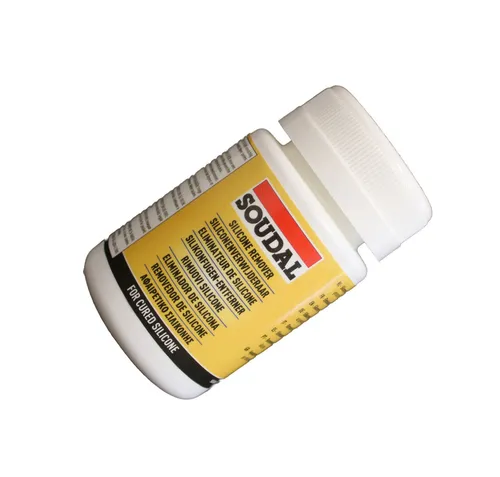 Soudal Silikonentferner 100 ml – Effektiv und Benutzerfreundlich - Gebrauchsfertiges Gel zum Entfernen von ausgehärtetem Silikon. Tropffreie Anwendung mit nur 10 Minuten Einwirkzeit und angenehmem Zitrusduft. Ideal für präzise Arbeiten.
