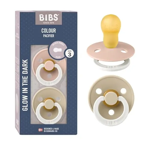 BIBS Colour Glow Schnuller 2er-Pack, BPA-frei. Leuchtet im Dunkeln, Kirschform Nippel. Naturkautschuk/Latex, Hergestellt in Dänemark. 18+ Monate (2er Pack), Blush NIGHT/Vanilla NIGHT