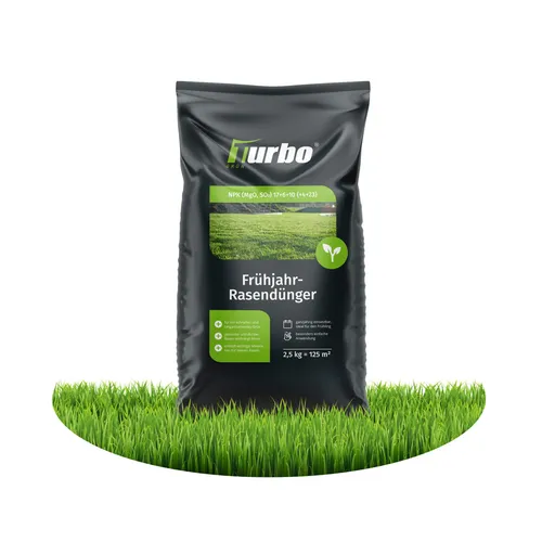 Turbogrün Rasendünger Frühjahr 2,5kg - Satter Rasen für Frühjahr & Sommer - Optimaler Rasendünger für alle Rasenarten: Turbogrün sorgt für ein gesundes, grünes Wachstum und macht den Rasen widerstandsfähig. Ideal für die Anwendung mit Streuwagen, für eine gleichmäßige Verteilung.