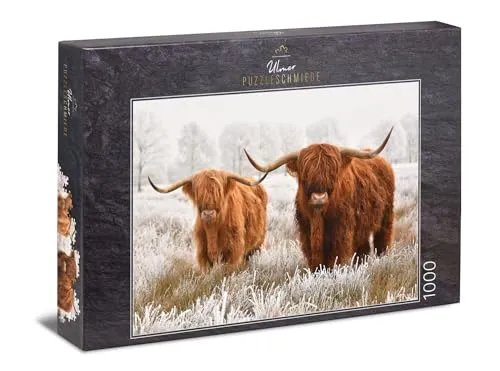 Ulmer Puzzleschmiede - Puzzle „Winterfreunde“ - Winterliches 1000 Teile Tiere-Puzzle – Puzzlemotiv mit Zwei zotteligen Hochland-Rindern - toller Bild-Kontrast zwischen Tier und Natur