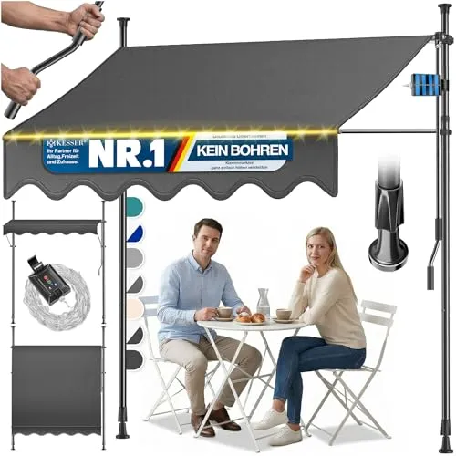 KESSER® Klemmmarkise mit Handkurbel & LED Lichterkette 250cm - Einfache Montage ohne Bohren! Die KESSER Klemmmarkise bietet UV-Schutz und ist wasserabweisend. Mit individuell einstellbarem Schattenwinkel und stimmungsvoller LED-Beleuchtung für entspannte Abende auf Balkon und Terrasse.