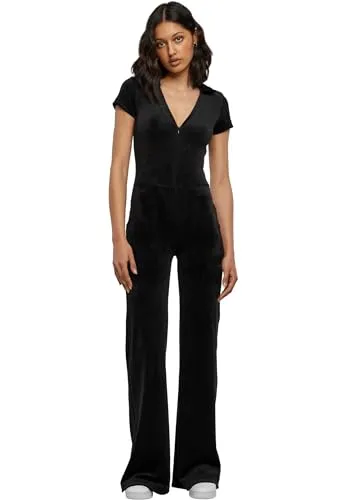 Urban Classics Damen TB6098 Velvet Jumpsuit, Black, 5XL - Jumpsuits für Damen mit sexy V-Ausschnitt und Front-Reißverschluss, aus samtigem Material für einen hippen Retro-Look und angenehmen Slim Fit Sitz.