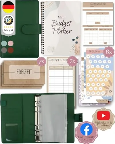 BeginnerBudget® Budget Planner Deutsch - Starterset mit Sparchallenge + Budgetplaner (144 Seiten) - Sparen mit Umschlagmethode + Anleitung Ringbuch, Binder A6 Glattleder, vegan (Grün)