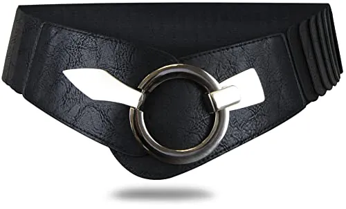 Elastischer Damen Taillengürtel, ca. 6 cm breiter Hüftgürtel mit silberner Ring-Schließe, Schwarz, 75 (für Taillenumfang 75-90 cm)-75 cm (für Taillenweite 75-90 cm)-Schwarz