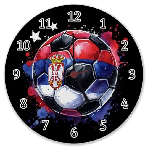 speecheese Fußball Serbien Flagge Wanduhr Perfekte Deko für Fußballfans EM 2024 Serbien Wanduhr Nationalflagge in Rot und Blau Sportliche Ball-Design