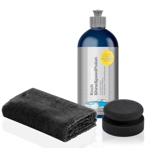 Koch Chemie Shine Speed Polish Set 500ml - Autopflege Set mit Hochglanz-Politur für perfekten Glanz und Schutz vor Umwelteinflüssen, inklusive Polierschwamm und Mikrofasertuch für eine einfache Anwendung.
