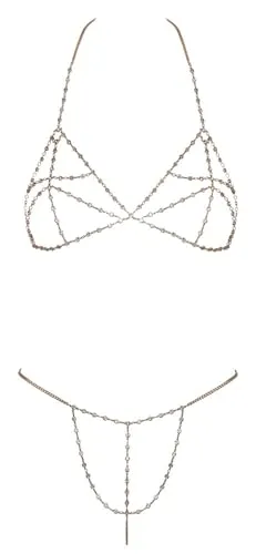 Cottelli Accessoires Damen Chain Bikini Set Gold Einheitsgröße - Erotische Dessous-Sets mit schimmernden Strassketten und verstellbarem Neckholder-BH für einen verführerischen Look.