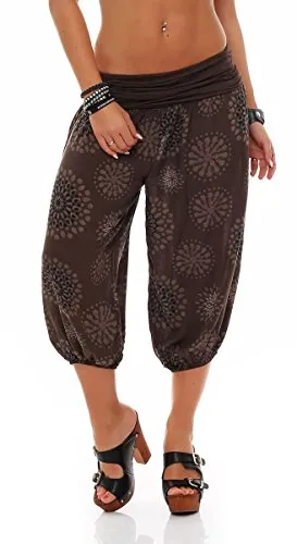 Malito - Damen Haremshose kurz mit Print - Pumphose aus Baumwolle - Leichte 3/4 Stoffhose - Pluderhose zum Tanzen, Chillen & Yoga - knielange Capri Hose 7182 (Dunkelbraun)